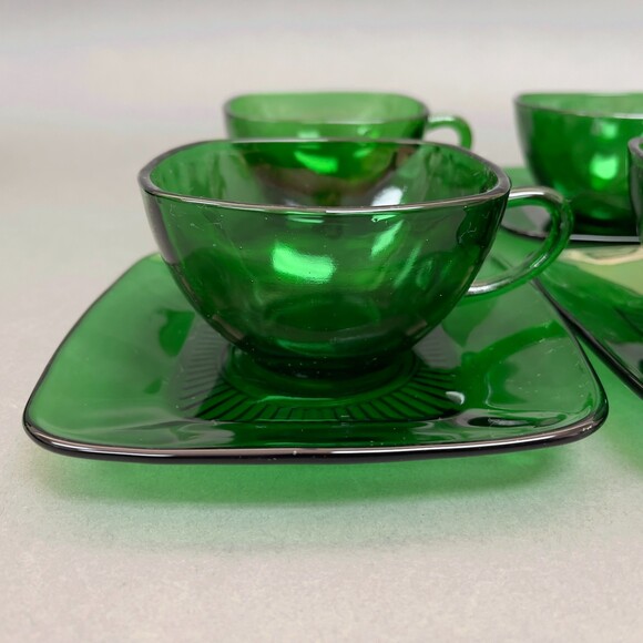 Fire King Anchor Hocking Square Cup & Saucers Charm Forest Green Glass Lot of 8 - Picture 4 of 9
